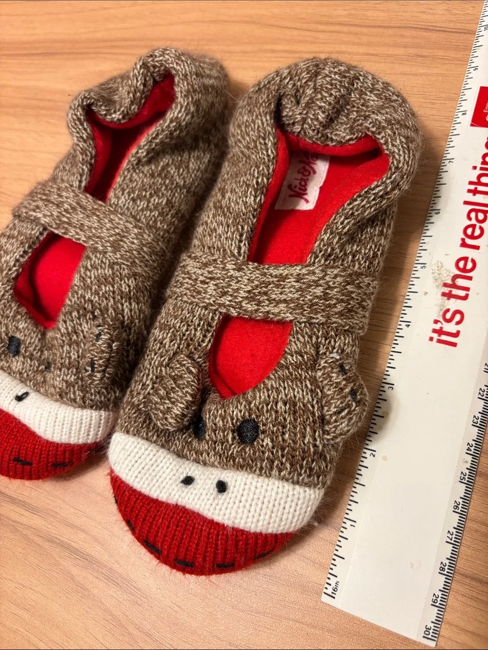 Nick & Nora Brown and Red Sock Slippers with Monkey Face